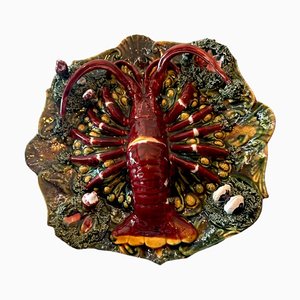 Mid-Century Portuguese Porcelain Plate with a Sculpture of a Lobster by F. Mendes for Caldas, Portugal