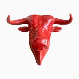 Vintage Portuguese Bull Sculpture on Ceramic Painted in Red from Campo Santa Clara