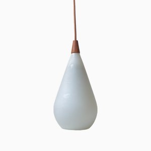 Ceiling Lamp in Opaline Glass and Teak by Uno & Östen Kristiansson for Luxus, 1960s