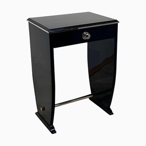 Art Deco Side Table with Drawer, Black Lacquer and Chrome, France, 1930s