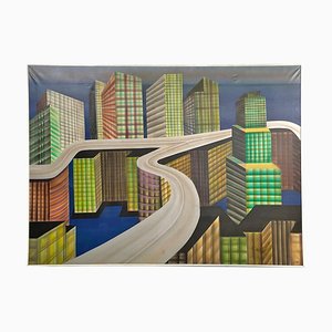 Italian Artist, Urban Landscape, 1980s, Airbrush Painting on Canvas