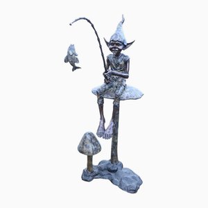 Bronze Pixie Toadstool Fishing Statue