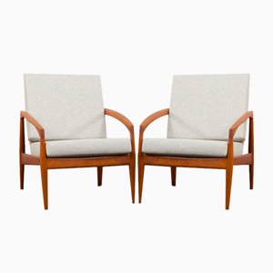 Paperknife Lounge Chairs in Teak and Natural Wool Fabric by Kai Kristiansen, 1960s, Set of 2