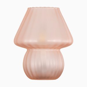 Lampada da Tavolo Rosa Mushroom in Vetro di Murano Satinato con Decorazione Rigata, Italia