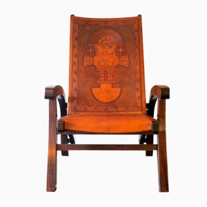 Teak and Tooled Leather Folding Chair by Angel I. Pazmino for Muebles De Estilo, Ecuador, 1970s