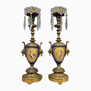 Bougeoirs Napoléon III en Bronze Doré et Porcelaine Bleu Céleste, Set de 2