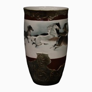 Vase en Céramique Peinte avec Chevaux, Chine, 2000s