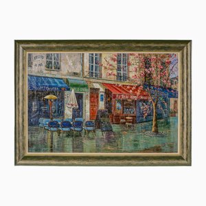 Parisian Street Scene, 1990s, Large Oil on Canvas, Framed