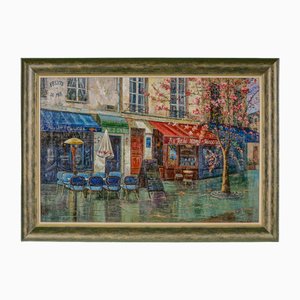 Scène de Rue Parisienne, 1990s, Grande Huile sur Toile, Encadrée