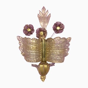 Applique Murale Grand Hotel en Verre de Murano avec Poussière d'Or et Fleurs Violettes en Verre par Barovier & Toso, Murano, Venise, Italie, 1950s