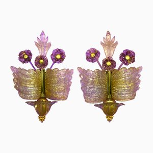 Applique Murale Grand Hotel en Verre de Murano avec Poussière d'Or et Fleurs Violettes par Barovier & Toso, Venice, Italie, 1950s, Set de 2