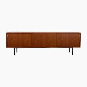 Credenza minimalista in teak con manici in pelle di Helmut Magg, Germania, anni '60