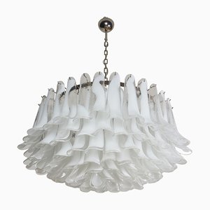 Large Murano Glass Chandelier with 101 White Lattimo Murano Glass Petals, 1990s