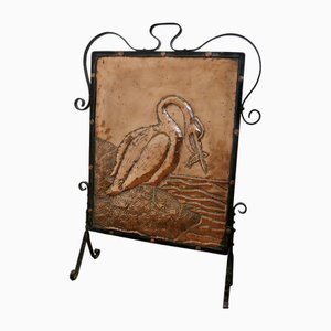 Arts and Crafts Stork and Fish Copper and Iron Fire Screen