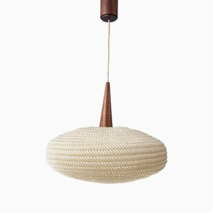 Mid-Century Ceiling Lamp Natural White Pouf Fabric Weave & Teak from Temde, 1960s
