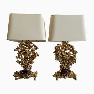 Französische Lampen aus Vergoldeter Bronze & Amethyst von Boeltz, 1970er, 2er Set