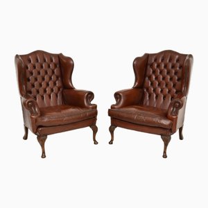 Vintage Leather Wing Back Armchairs, 1930, Set of 2