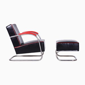 Bauhaus Lounge Chair with Footstool attributed to Mücke-Melder, Former Czechoslovakia, 1930s, Set of 2