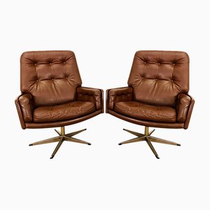 Fauteuils Pivotants Mid-Century en Cuir Marron par Svend Skipper, Danemark, 1970s, Set de 2