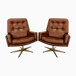 Mid-Century Danish Swivel Lounge Chairs in Brown Leather by Svend Skipper, 1970s, Set of 2