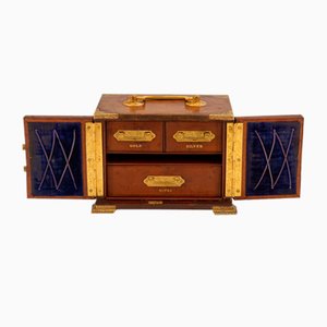 Antique English Desk Top Travelling Chest in Leather with Gilt Metal Table Top