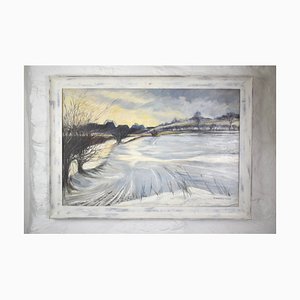 Marianne Cox, paisaje rural de invierno, siglo XX, gran óleo a bordo