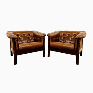 Mid-Century Danish Brown Leather and Rattan Club Chairs, 1970s, Set of 2