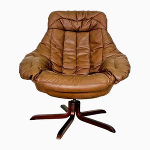 Mid-Century Danish Brown Leather Swivel Chair from Bramin, 1970s