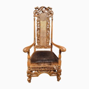 Antique English Carved Wood Throne Armchair