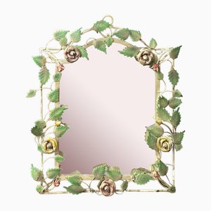 French Painted Tole Flower Wall Mirror, 1950s