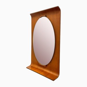 Vintage Oval Mirror with Rectangular Curved Wooden Support, 1950s