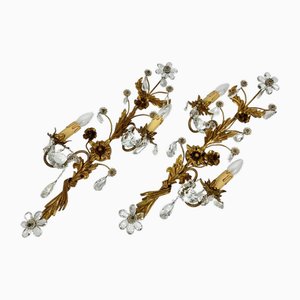 Apliques de metal dorado con flores de cristal de Banci Firenze, Italia, años 50. Juego de 2