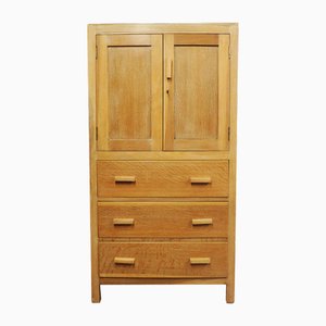 Tall Limed Oak Cabinet with Top Cupboard and Drawers, 1930s