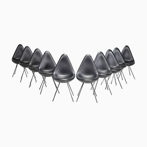 Model 3110 Black Leather Drop Chairs by Arne Jacobsen for Fritz Hansen, 2010s, Set of 10