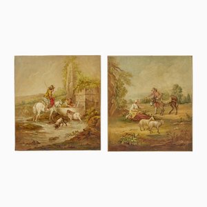 Pinturas al óleo sobre lienzo, Escenas rurales, Finales del siglo XIX. Juego de 2