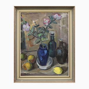 Artiste Suédois, Vase aux Camélias, 20ème Siècle, Huile sur Toile, Encadrée