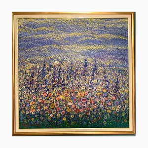 Beppe Avvanzino, Colorful Flower Meadow, Huile sur Panneau de Bois, 2001, Encadré