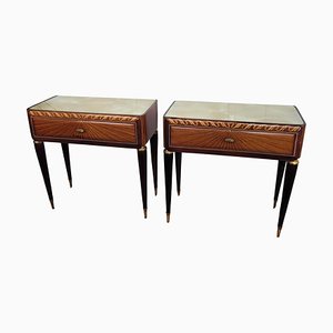 Mid-Century Italian Art Deco Bedside Tables in Walnut with Glass Tops, 1950s, Set of 2