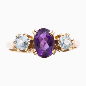 Vintage 9k Yellow Gold Ring with Amethyst and Blue Topaz