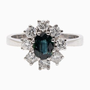 Vintage 14k White Gold Sapphire & Diamonds Daisy Ring, 1960s