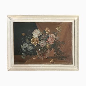 Raffaele Baldi, Vase of Flowers, 1890, Tempera Painting on Wood, Framed
