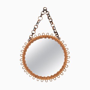 French Riviera Round Curved Rattan Mirror with Chain, Italy, 1960s