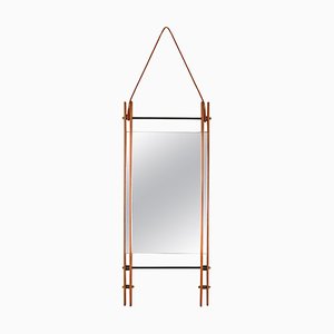 Espejo rectangular con marco doble de teca, cuero y latón, Italia, años 70