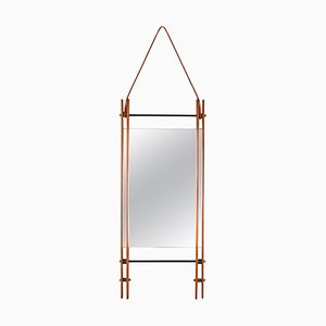 Rectangular Mirror with Double Teak Frame, Leather and Brass, Italy, 1970s