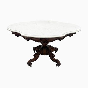 Tavolo in mogano con ripiano in marmo a forma di cartiglio, metà XIX secolo