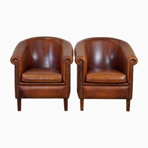 Brown Sheep Leather Club Chairs, Set of 2