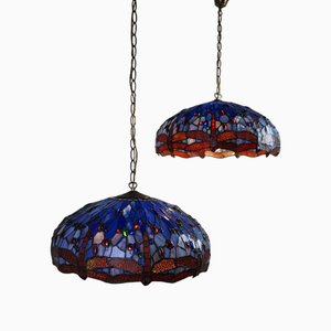 Grandes Lampes à Suspension Style Tiffany Bleues avec Libellules, Set de 2