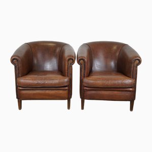 Dark Cognac Leather Club Chairs, Set of 2