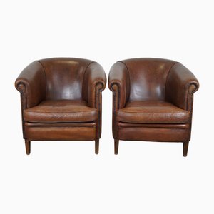 Poltrone in pelle color cognac scura, set di 2