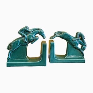 Französische Art Deco Keramik Buchstützen mit Jockeys, 1930er, 2er Set